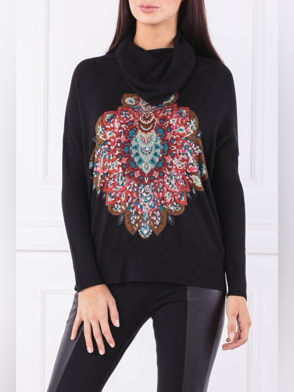 Desigual Cassandra Cowl Neck Sweater with Multicolor Sequins Medallion Print
